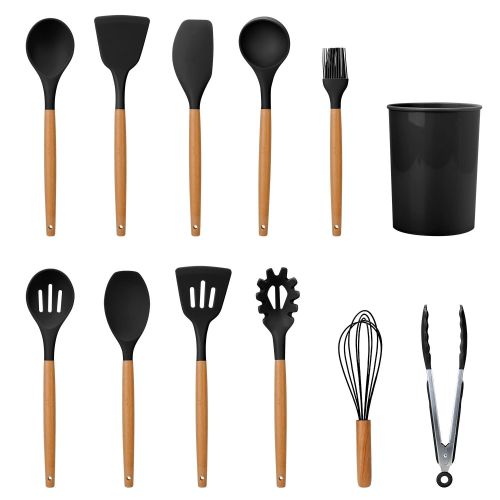 11Pcs Silicone Cooking Utensil Set Heat Resist Wooden Handle Silicone Spatula Turner Ladle Spaghetti Server Tongs 11Pcs Silicone Cooking Utensil Set Heat Resist Wooden Handle Silicone Spatula Turner Ladle Spaghetti Server Tongs