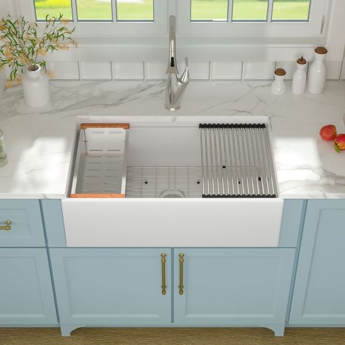 33in.x20in.x10in. Ceramic Workstation Kitchen Sink with A Cutting Board And Colander And Roll-up Drying Rack 33in.x20in.x10in. Ceramic Workstation Kitchen Sink with A Cutting Board And Colander And Roll-up Drying Rack